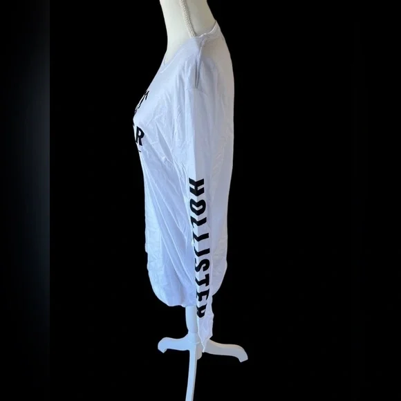 Hollister White Cotton Long Sleeve Crewneck Logo Graphic Tee Shirt - Picture 2 of 5